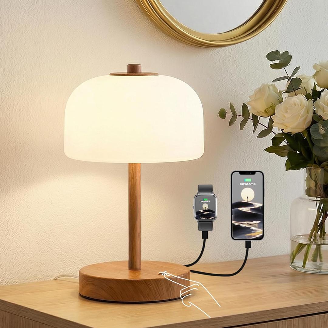 Oneach 9.5" Corded Touch Control Table Lamp with USB A+C Charging Ports, Wood Grain Dimmable LED Bedside Lamp with 3 Color Temperatures, Small Modern Table Lamps for Bedroom Nightstand Living Room