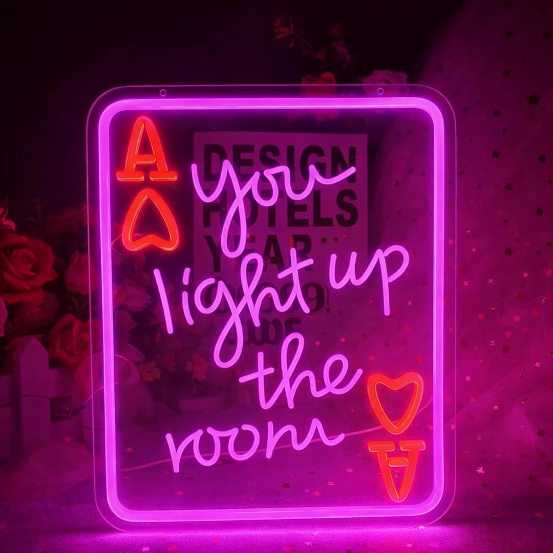 Huquary Valentine's Day Ace of Hearts Neon Sign Hot Pink Red Bachelorette Casino Poker LED Window Light You Light up The Room Sign USB Powered Adjustable for Galentine Wedding Bedroom Wall Decor