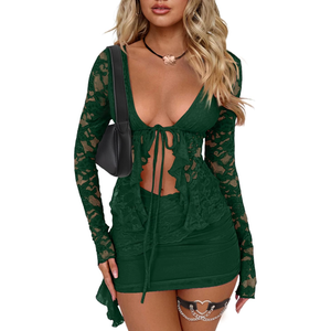 CSDAJIO 2 Piece Outfits for Women Floral Lace Open Front Tie Up Long Sleeve Crop Top Blouse Shirt and Mini Skirt Set, Size S