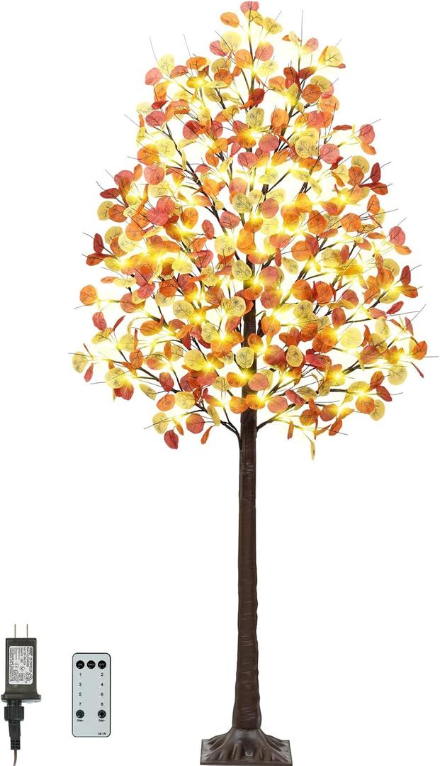 Fall Lighted Eucalyptus Tree - 6FT Light Up Eucalyptus Fall Tree with 130 LED Lights, 390 Leaves, Thanksgiving Decor Artificial Tree with Remote 8 Flashing Modes, Timing, for Home Harvest Decoration