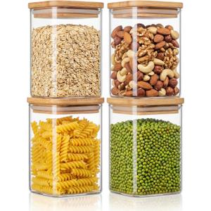 Square Glass Storage Jars, 4 Pack Glass Jars with Bamboo Lids, Clear Spice Canister