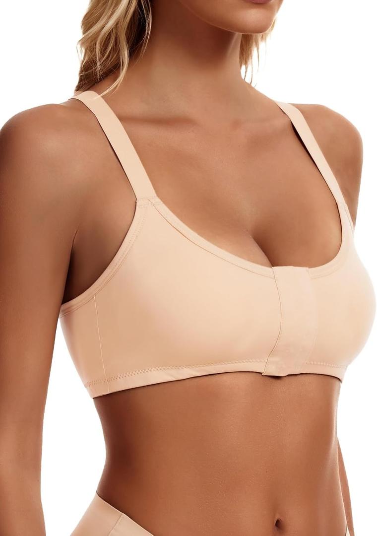 Leovqn Post Surgery Bras Removable Padding Compression Bra Front Closure Elastic Bands Mastectomy Wireless Daily Bras, Nude, M