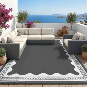 Garvee Outdoor Rug 9x12 Scalloped Waterproof Patio RV Outdoor Rugs Reversible Foldable Plastic Straw Rug Modern Camping Carpet for Deck Camper Porch Balcony Backyard Picnic Beach Grey