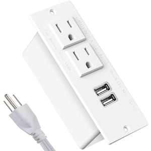 Furniture Recessed Power Strip, Power Outlets, Desk Outlet with USB, Authoritative Certification with 2 AC Plugs, 2 USB Ports Connect with 6.56ft Power Cord (White)