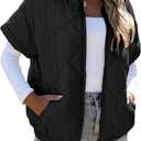 SHEWIN Quilted Jackets For Women 2025 Casual Lightweight Short Sleeve Zip Up Warm Vests (X-Large, Black)
