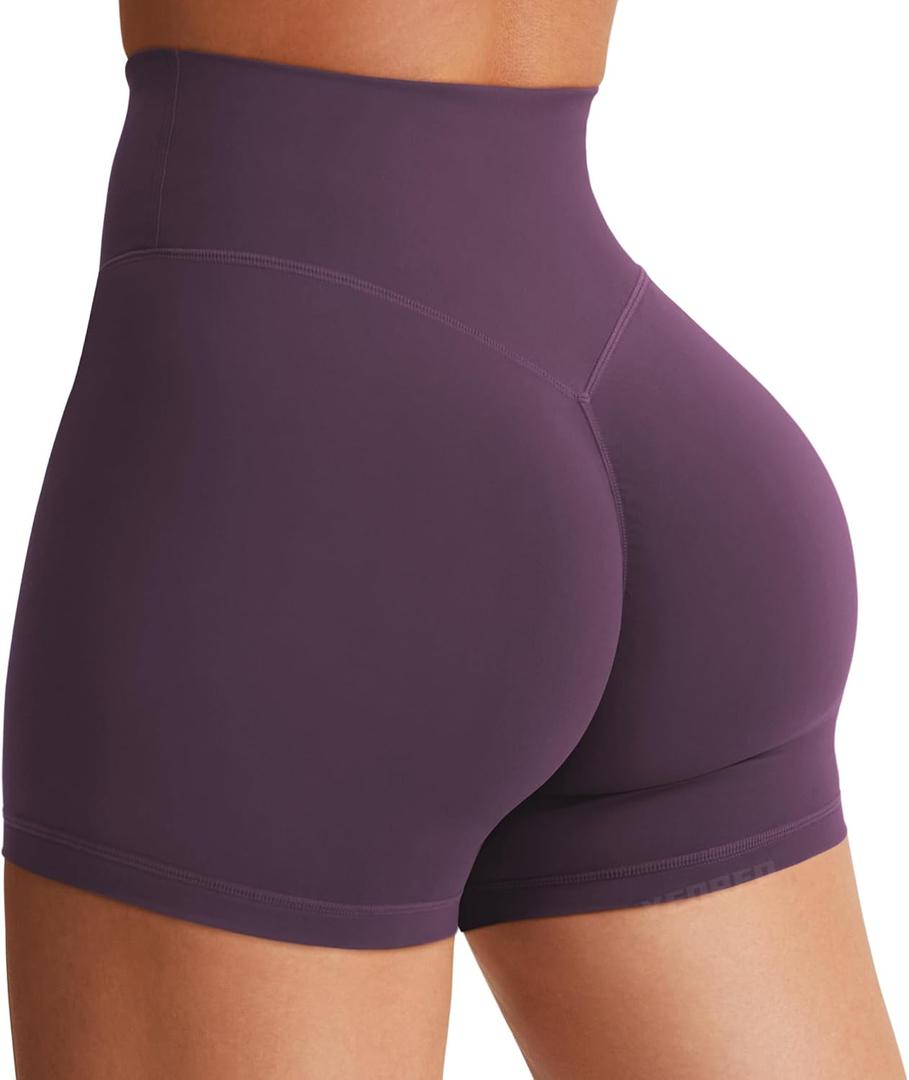 YEOREO Women's Biker Shorts 3.6" /4.5" / 6" Workout Gym Shorts Craze High Waist Tummy Control Hidden Scrunch Running Yoga (Medium, Black Berry Purple)