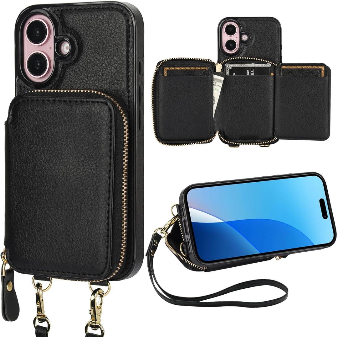 Bocasal RFID Blocking Wallet Case for iPhone 16, Adjustable Crossbody Zipper Purse Case Card Holder with Kickstand Detachable Wrist Strap, PU Leather Flip Folio Case 6.1 Inch 5G (Black)