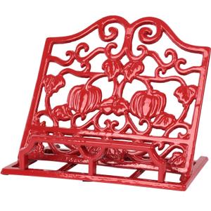 Vintage Cookbook Stand, Robust Wrought Cast Iron Recipe Book Holder for Kitchen Counter, Large Metal Cook Book Stand with Pumpkin Design, Red