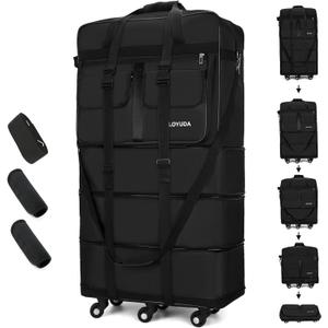 130L Expandable Luggage, 40 Inch Suitcase with Wheels, Collapsible Luggage with Wheels, Rolling Duffle Bag with wheels, Foldable Suitcasewith2Handle Wrap 2Fixing Straps 1Shoulder Strap (Black), Large