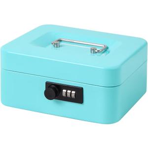Jssmst Medium Cash Box with Combination Lock - Durable Metal Cash Box with Money Tray, Light blue,7.87 x 6.3 x 3.35 inches