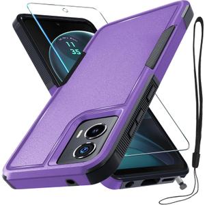 RMOCR Case Compatible with Moto G Stylus 5G 2024, Full Body Heavy Duty Rugged Shockproof Protective Phone Cover with Lanyard Strap, Tempered Glass Screen Protector, Lavender