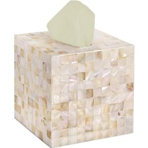 CLAYNIX Tissue Box Cover - Mosaic Mother of Pearl Inlay Tissue Box Holder - Tissue Box Cover Square 5.9 x 5.9 x 5.9 in - Decorative Bathroom, Bedroom or Office (White)