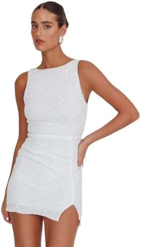 Caviotess Women's Sexy Backless Sparkly Sequin Mini Dress Split Hem Glitter Velvet Tank Dress Prom Party Cocktail Dress L