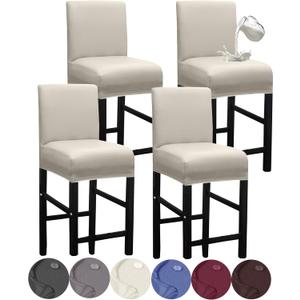 HFCNMY Bar Stool Covers,4 Pack Stretch Waterproof PU Bar Stool Covers with Backs Bar Stool Chair Covers Barstool Covers Slipcovers with Back Pub Counter Stool Chair Covers with Elastic Bands Beige