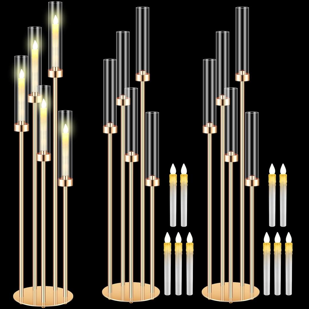 Tandefio 2 Sets Acrylic Candelabra Centerpieces 42.5" Tall Clear Candle Holders Pillar Taper Candlestick with Lampshades 5 Arm Floor Candelabra Stand for Wedding Christmas Ceremony Dinner Party