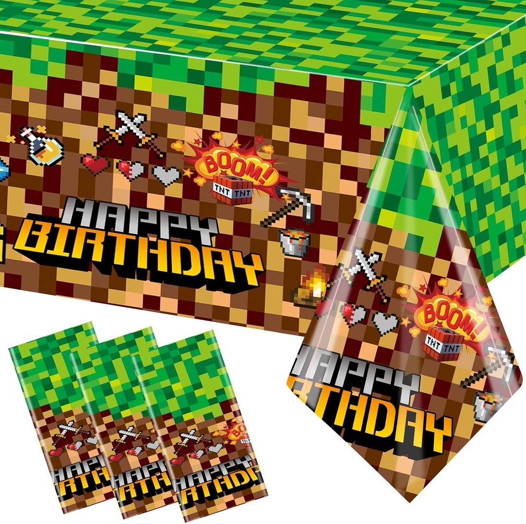 Pixel Miner Theme Birthday Tablecloth Pixel Miner Disposable Plastic Table Cover Rectangle Game Tablecloths for Game Party Supplies, 108in x 54in
