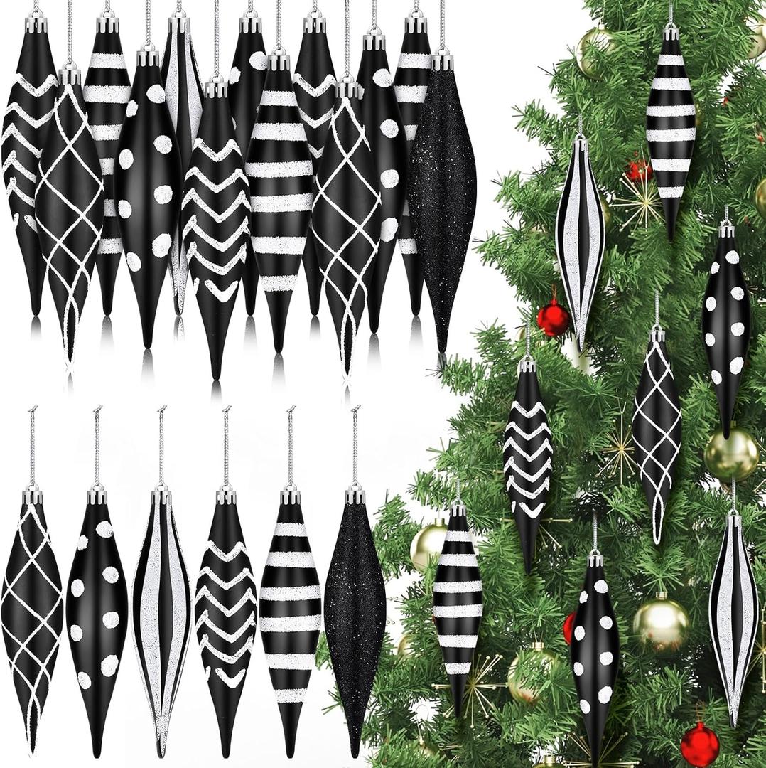 Realspring 12 Pcs Black and White Finial Drop Christmas Ornaments 6.3 inch Xmas Plastic Droplet Stripe Dot Matte Glitter Hanging Ball for Christmas Tree Party Decoration Supplies