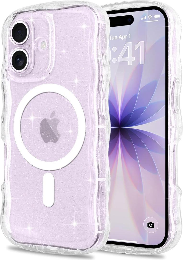 Pepmune for iPhone 17 Case Clear [Compatible with Magsafe] Bling Sparkle Glitter Magnetic Cover,Soft TPU Curly Wavy Frame & Hard PC Back,Slim Shockproof Wave Phone Case for Women Girls-Mag Clear