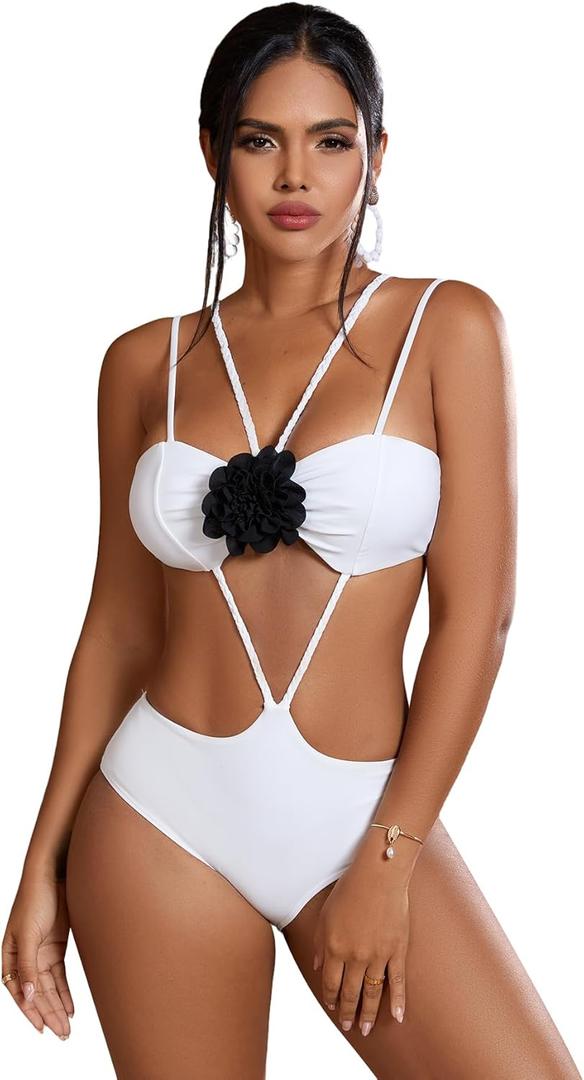 Women's 3D Flower Cut Out One Piece Swimsuit Y2K Backless Bathing Suits Swimwear Beachwear XL White