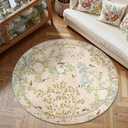 Jinchan Yarden Round Rugs 6 Ft Beige Botanical Birds Print Machine Washable 6' Circle Nature Plants Modern Soft Non Slip Kids Throw Area Rugs Ultra Thin Low Pile Carpet for Living Room Bedroom (Natural Beige/Pink)