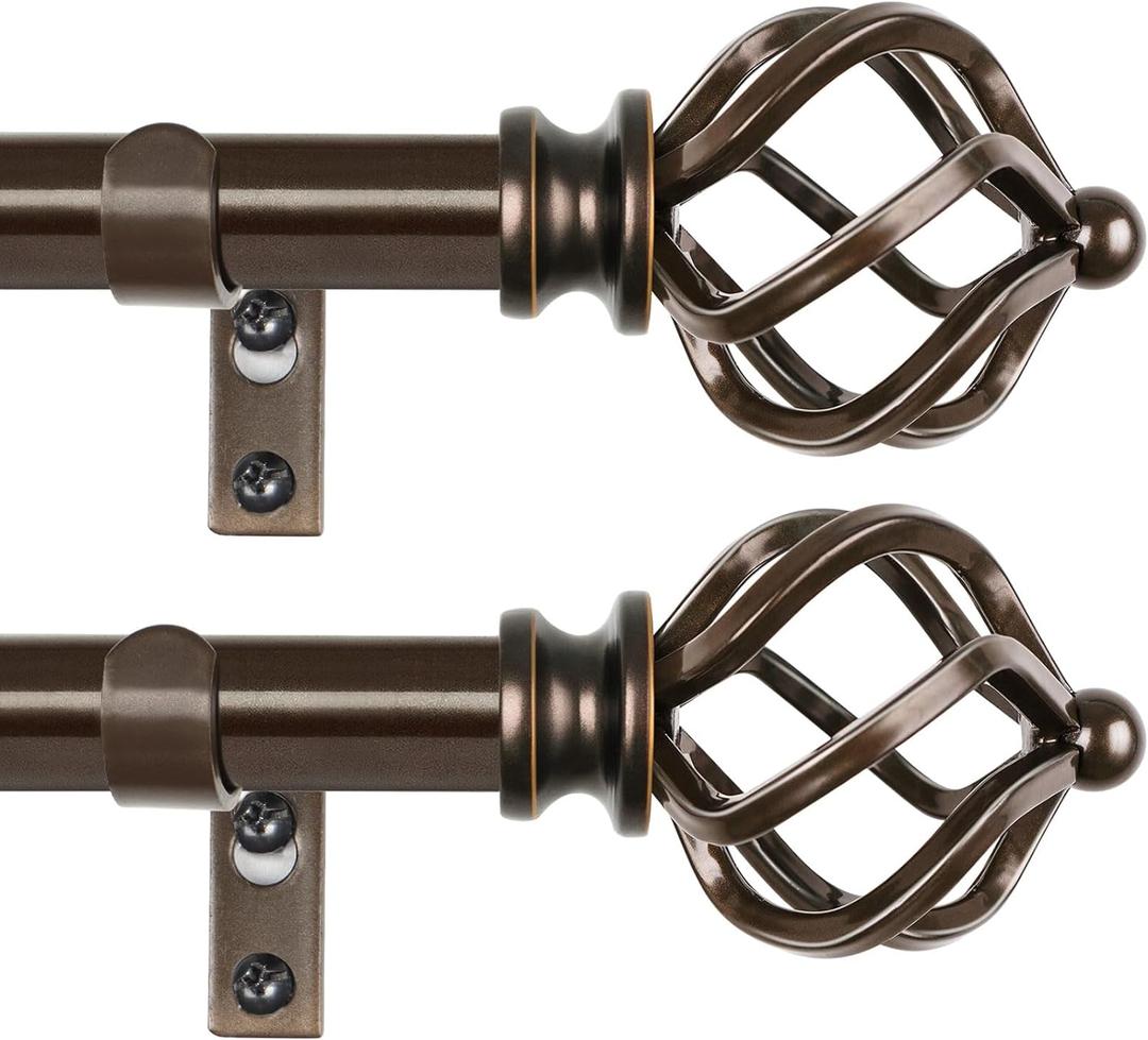 KAMANINA 2 Pack Curtain Rods 32 to 58 Inches (2.6-4.8ft), 3/4 Inch Curtain Rods for Windows Splicing Adjustable Single Drapery Rod with Twisted Cage Finial, for Indoor and Outdoor, Bronze