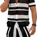Verdusa Men's Knitted 2 Piece Outfitd Short Sleeve Hollow Out Button Up Shirt M