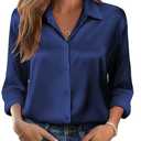 Zeagoo Long Sleeve Shirts for Women Satin Silk Blouses Dressy Causal Business Office Work Clothes Navy Blue S