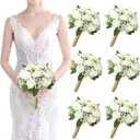 Artificial Bridesmaid Bouquets Set of 6 for Wedding - 7 inch White Flowers Bouquets for Bridesmaids, Faux Rose Gypsophila Rustic Small Floral Bouquet Fake Boho Wedding Party Ceremony Anniversary Decor