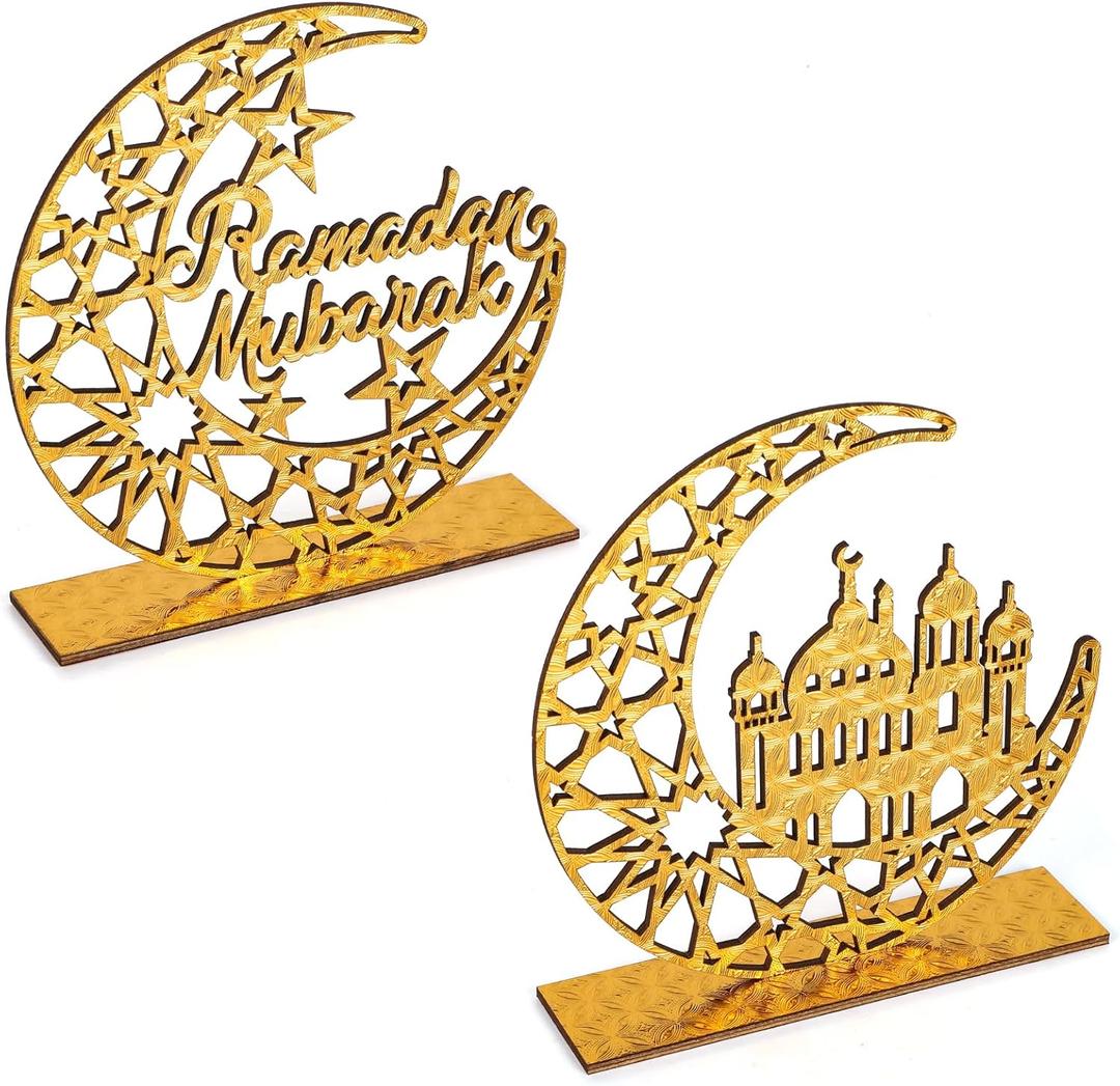 2 Pieces Wood Ramadan Decorations Islamic Eid Mubarak Kareem Table Sign Moon Hollow Star Ornament for Muslim Party Tabletop Decor Home Art Craft Decoration Golden Moon