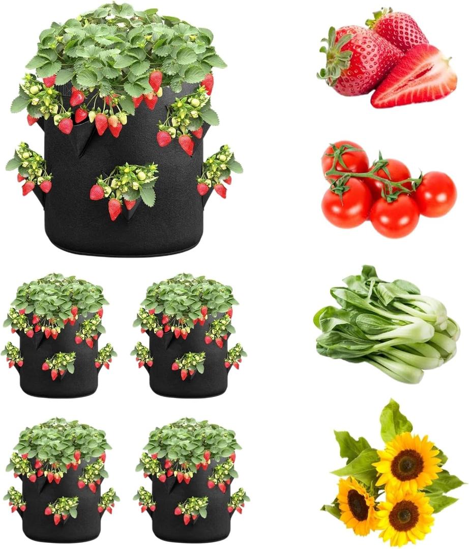 iPower 4-Pack 10 Gallon Strawberry Grow Bags, Vegetables Pots with 8 Planting Holes, Thickened Breathable Nonwoven Fabric with Handles, for Gardening