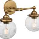 Yosoan 2-Light Indoor Boho Vanity Wall Sconce with Striped Round Glass, Brass Gold Modern Hardwired Vintage Industrial Wall Mount Farmhouse Retro Ribbed Shade for Bathroom Kitchen Bedroom(Antique), Large