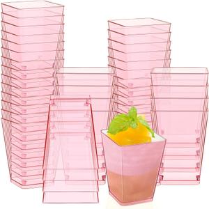 Mifoci 5 oz Plastic Dessert Cups Appetizer Cups for Parties Mini Square Disposable Dessert Bowls Clear Parfait Bowls for Pudding Fruit Yogurt Ice Cream Mousse(Pink,50 Pcs)
