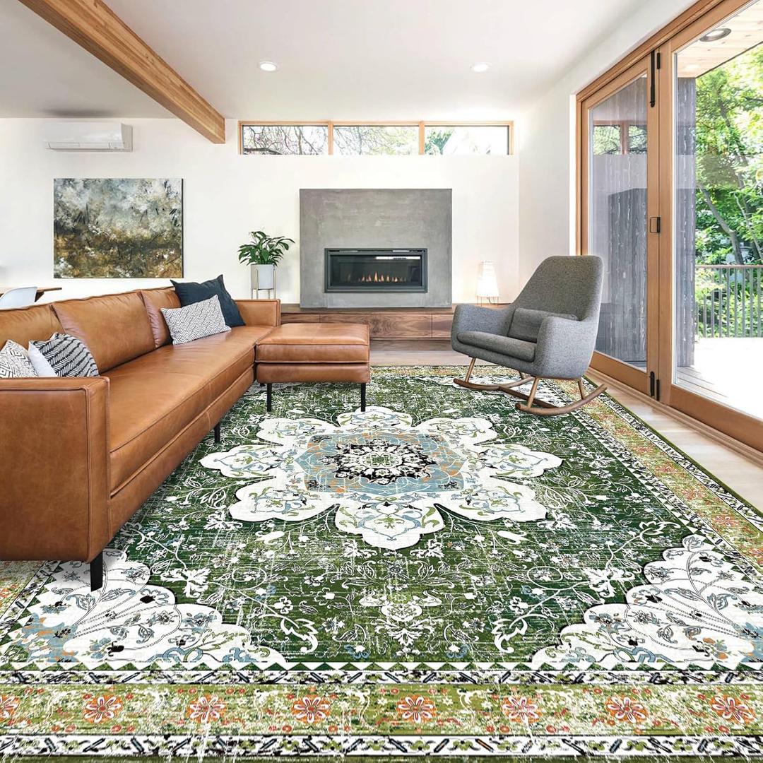 Ileading Bohemian Vintage Area Rug 8x10ft, Machine Washable Low-Pile Accent Carpet, Non-Shedding Non-Slip Living Room Floor Throw Rugs for Bedroom,Dining Room,Kids Playroom(Green)