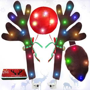 Reindeer Antlers for Cars, LED 2025 Christmas Car Decorations Kit with Jingle Bells, Nose, Tail, Multicolor Light-Up Rudolph Xmas Decor for SUV, Van, Truck