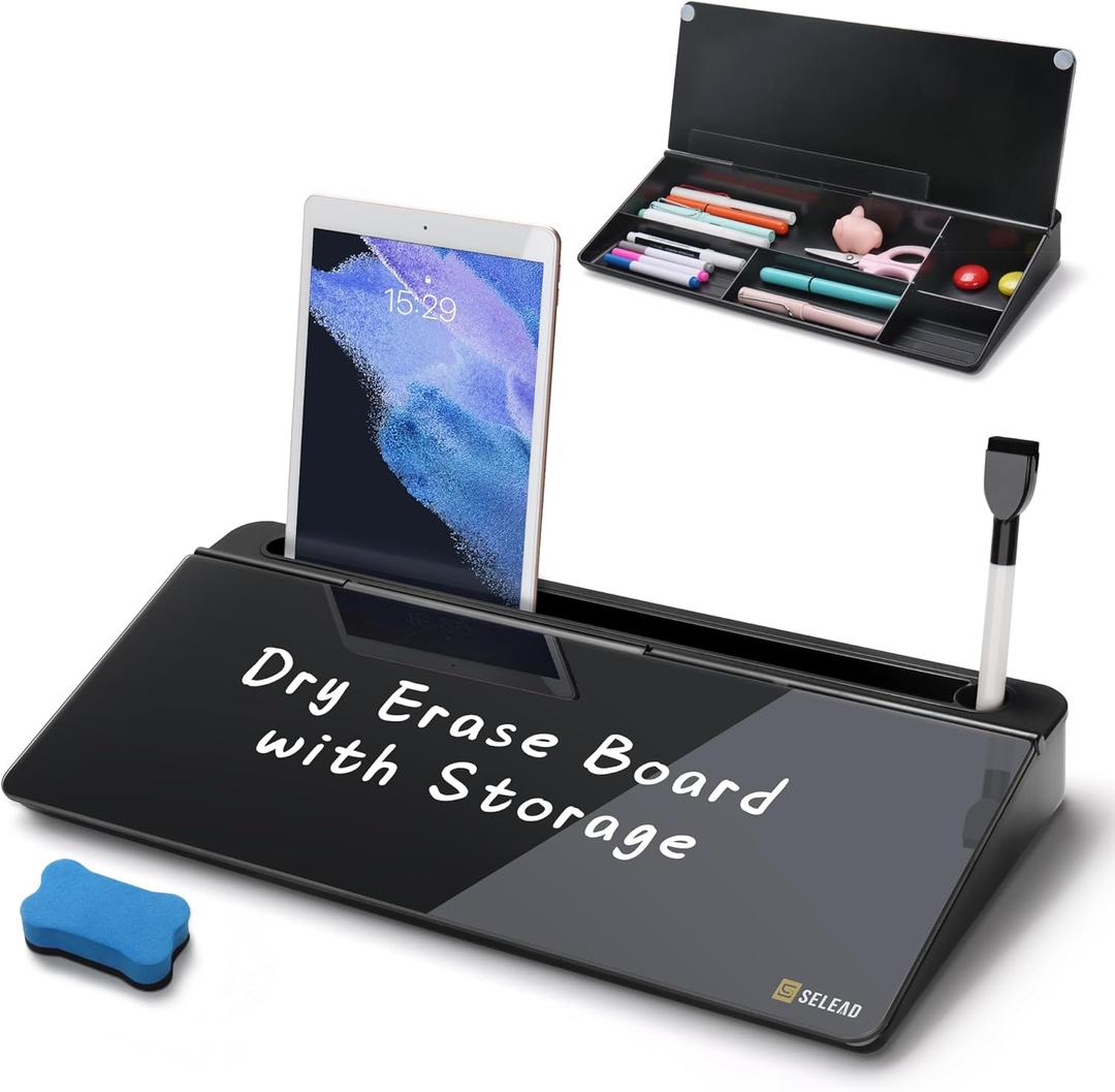 SELEAD Desktop Glass Whiteboard with Organizer, Markers, Eraser - Dry Erase Board Computer Pad Keyboard Stand with Drawer and Holder for Home, School, Office - Black (Black-basic Style)