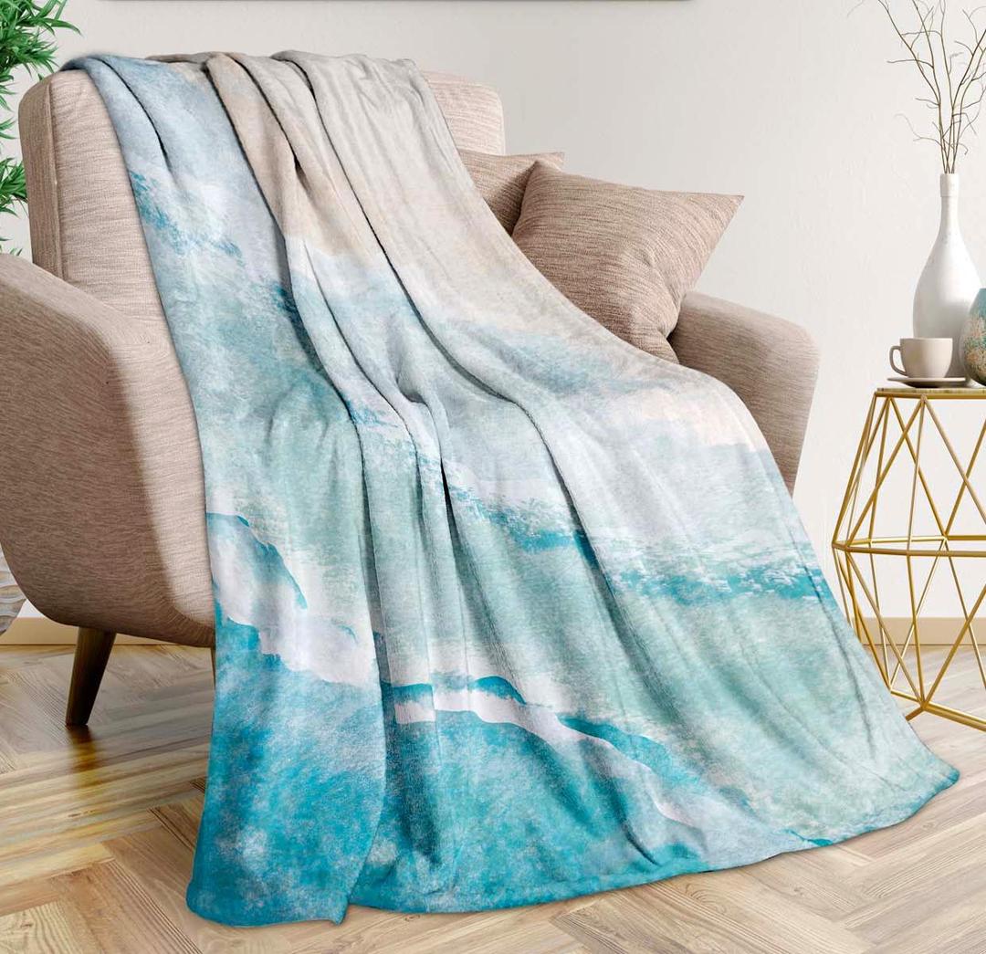 Coastal Beach Throw Blanket Ultra-Soft Cozy Coastal Decor Fleece Blankets Lightweight Teal Ocean Art Flannel Blanket for Couch Sofa Bedding Home Decor (50" L x 40" W, Coastal)