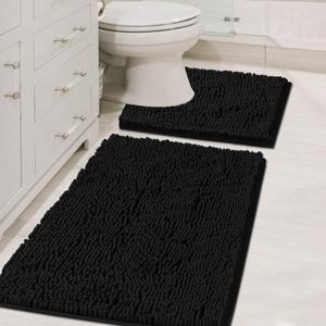 H.VERSAILTEX Original Luxury Chenille Bathroom Rug Mat (32" x 20"/20" x 20"), Extra Soft & Absorbent Shaggy Rugs, Machine Wash/Dry, Perfect Plush Carpet Mats for Tub (Curved Set, Black)