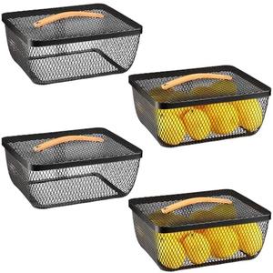 Tandefio 4 Pcs Metal Mesh Basket with Lid and Wooden Handle 9.65 x 7.68 Inch Wire Storage Basket Garden Baskets Organizer Containers for Vegetable Fruit Picnic Kitchen Bathroom (Black)