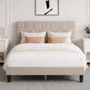Novilla Queen Bed Frame with Headboard, Bed Frame Queen Size with Wood Slats Support, Linen Upholstered Pull-Point Headboard, No Box Spring Needed, Metal Support Heavy Duty Feet, Easy Assembly, Beige