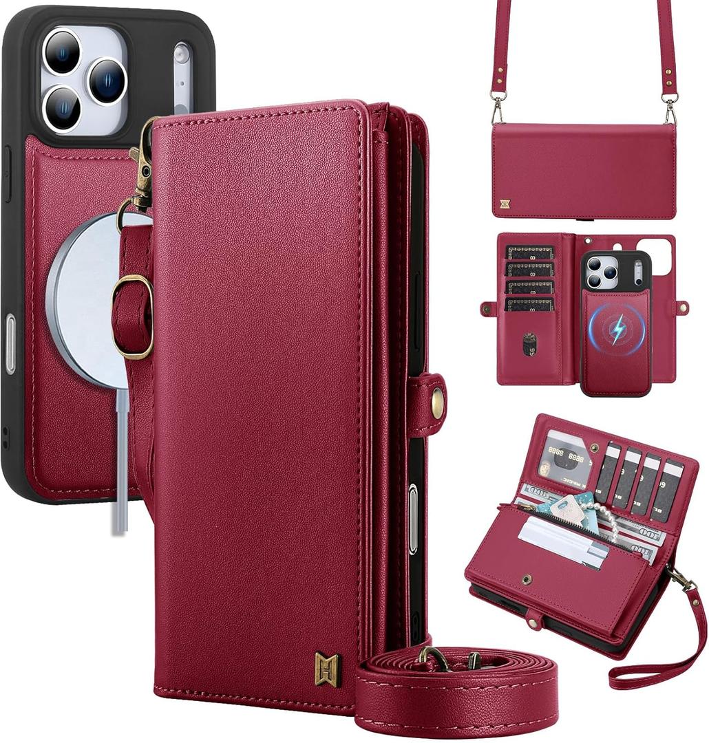 for Wallet Case Compatible with iPhone 17 Pro Max,Multi-Function Detachable 2 in 1 Magnetic iPhone 17 Pro Max Case Wallet,Flip Strap Zipper Card Holder Phone Case with Shoulder Straps (Red)