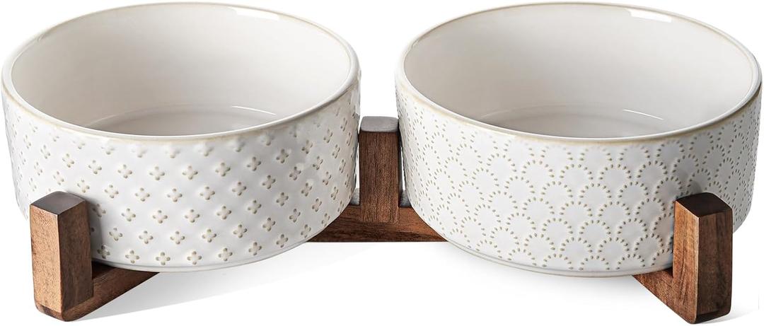 LE TAUCI Ceramic Dog Bowls with Acacia Wood Stand - 7 Inch Food & Water Set for Medium-Large Dogs - Weighted Pet Bowls (L-5 Cup, Fireworks+Clover)