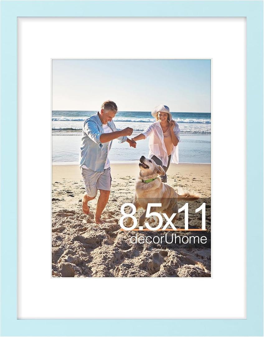 decorUhome 8.5 by 11 Picture Frame, Display Pictures 6x8 with Mat or 8.5x11 without Mat, Wall & Tabletop Display Certificate Frame, Light Blue, 1 Pack