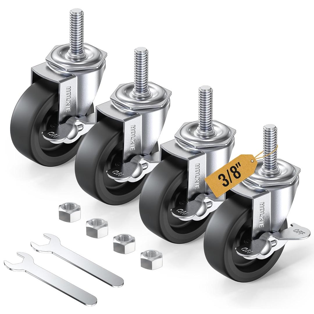 HOLKIE Caster Wheels 3 inch Locking Stem Casters, 3/8" -16 x 1-1/2" (Stem Diameter 3/8", Stem Length 1-1/2") Threaded Stem Casters Swivel Casters Set of 4 Heavy Duty Castors Black