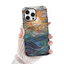 lioscre for iPhone 16 Pro Stained Glass Phone Case 6.3", Aesthetic Sun Beach Ocean Waves Art Case Cute Pattern Print Design Cover Anti-Scratch Glossy 2-Layer Hard Prevention Funda for Woman Girls Men