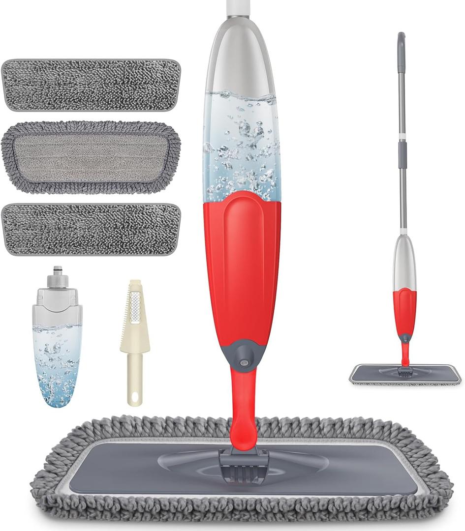 HOMTOYOU Dust Mop for Hardwood Floors: Microfiber Spray Mop for Cleaning Laminate Wood Tile Home Kitchen - 3 Washable Reusable Pads & 1Pcs 400+ML Refillable Bottle (Red)