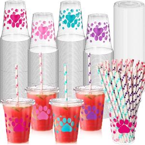 Mifoci 300 Pcs Colorful Dog Paw Plastic Cups Bulk with Flat Lids and Straws Set 12 oz Clear Puppy Paw Disposable Plastic Cups with Lids for Dog Puppy Baby Shower Party Favors