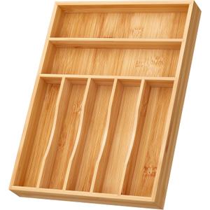 BAMEOS Bamboo Silverware Drawer Organizers, 11.9 inch Utensil Drawer Organizer for Kitchen Drawers, 7 Slots Total Large Flatware Organizer for Knives Cutlery Spoons Forks (Natural)