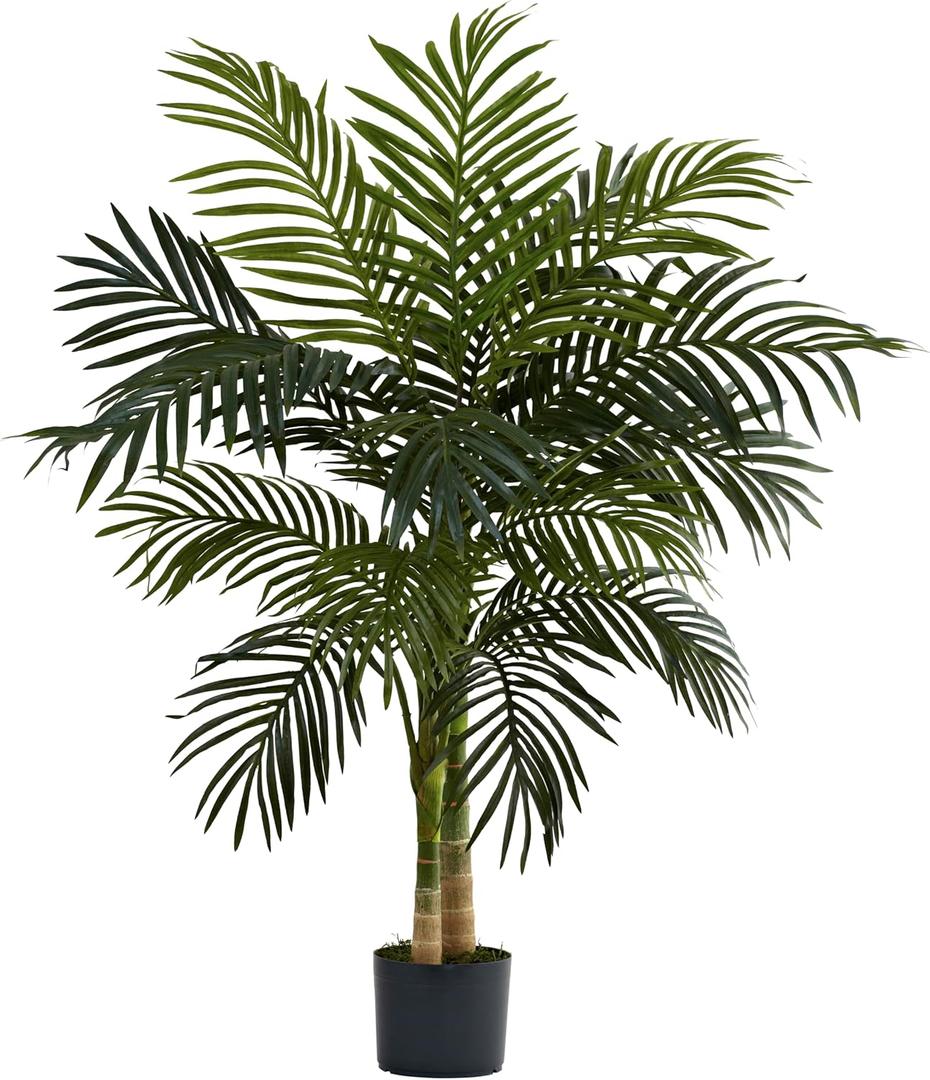Nearly Natural 4ft Golden Cane Palm, Double Stalk Artificial Tree With Lush Realistic Foliage Maintenance Free Indoor Faux Palm Plant For Living Room, Easy Setup, Perfect Tropical Decoration, Palm Tree
