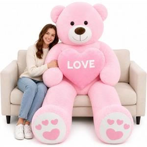 6ft Giant Valentines Teddy Bear Plush, Big Pink Teddy Bear Stuffed Animal with Red Heart, Life Size Love Stuffed Bear Plushie as for Girlfriend Wife Kids, Baby Shower Decor