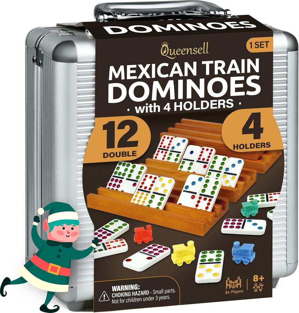 Mexican Train Dominoes Set with 4 Holders - Dominoes Double 12 with Wooden Hub and Tiles Holders - Double 12 Dominos Set for Family Game Night for Adults and Kids Ages 8 and up (D12 + 4 Holders)